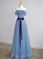A-Line Blue Simple Off Shoulder Floor Length Prom Dress, Blue Long Party Dress